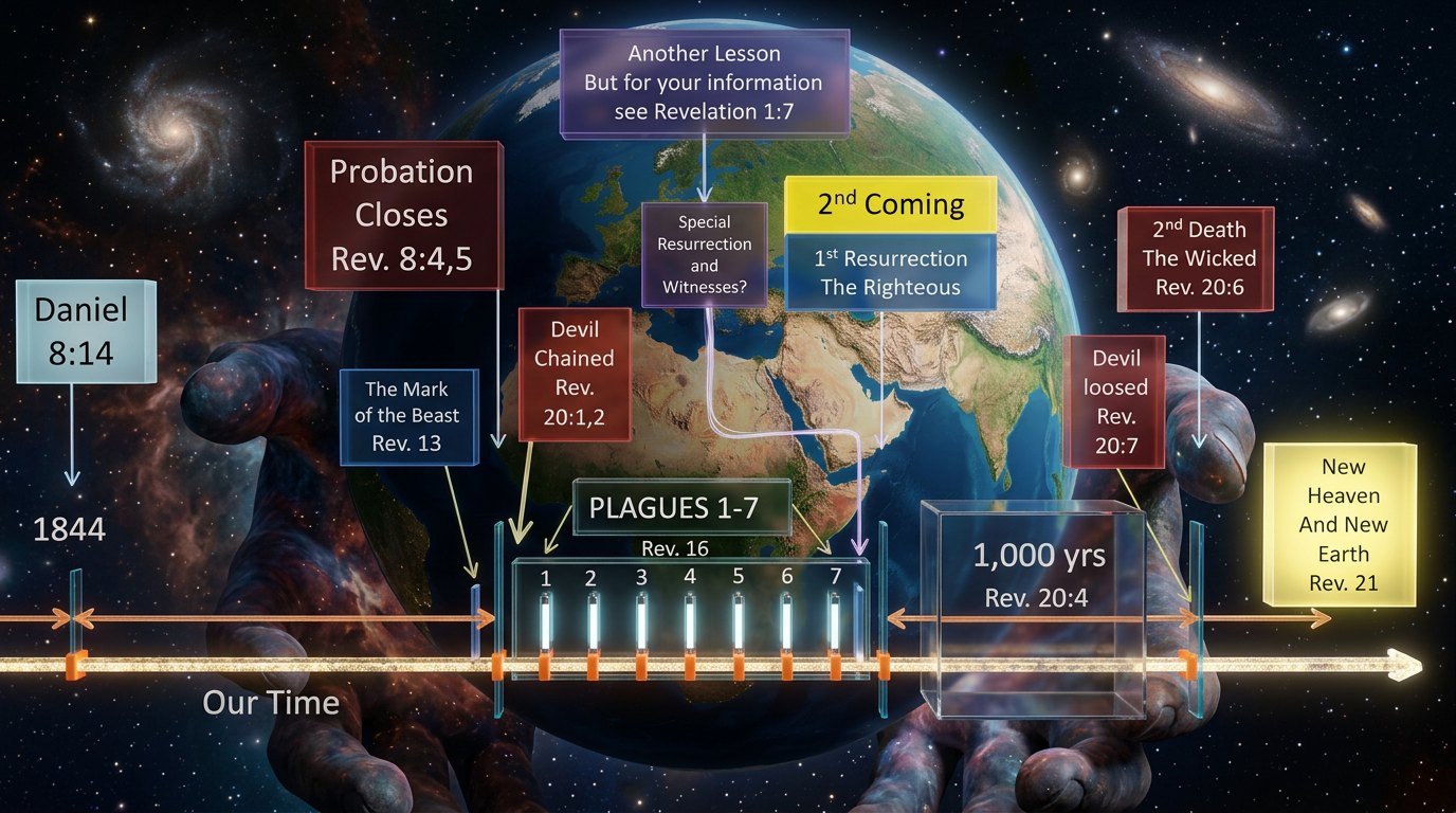 Timeline of final events from 1844: the mark of the beast, probation closes, the seven last plagues, the Second Coming and first resurrection, the 1,000 years, the devil loosed, the second death, and the new heaven and new earth.