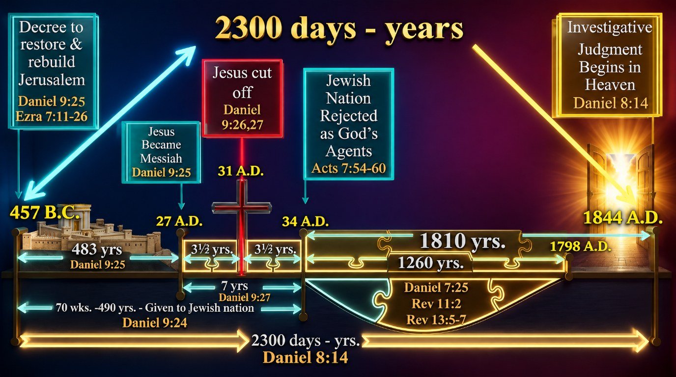 The 2300 day-year prophecy from 457 BC to AD 1844: the 483 years to Messiah in AD 27, the cross in AD 31, the end of the 70 weeks in AD 34, the 1260 years ending in 1798, and the investigative judgment beginning in 1844.
