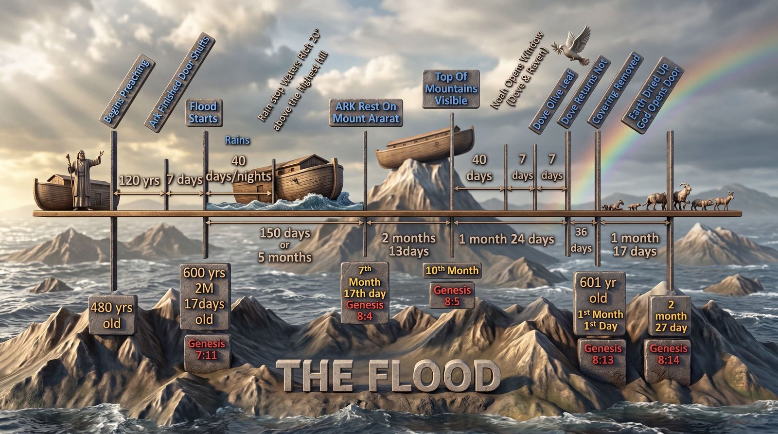 The Flood timeline: Noah's ark from the preaching of Noah to the day God opened the door, marked along a beam above the waters, with Genesis references.